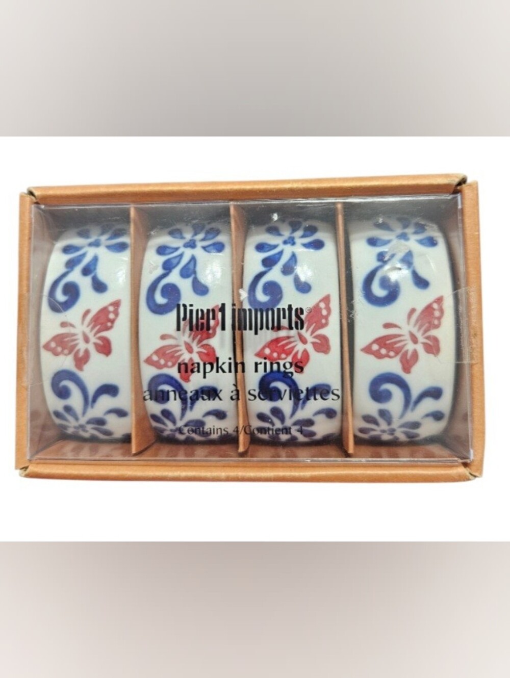 NIB Vtg Pier 1 Imports Ceramic Napkin Rings With Red BUtterfly & Blue Florals